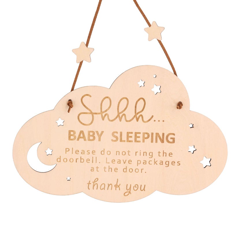 PEUTIER Wooden Sleeping Sign for Front Door - Shhh Baby Sleeping Door Hanger  Do Not Ring Doorbell Sign for Home Decoration - Gifts for New Parents - Image 1